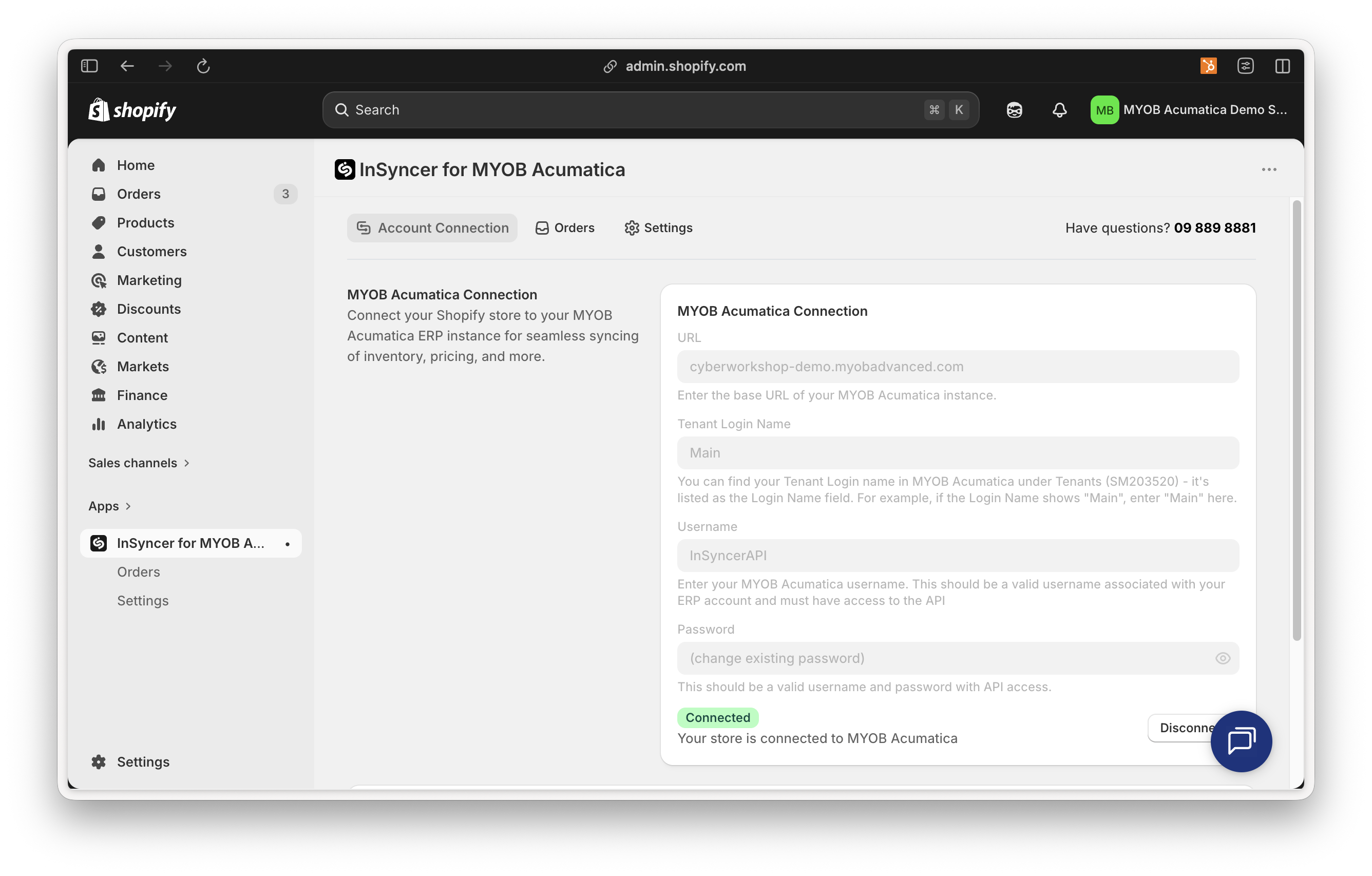 InSyncer for MYOB Acumatica running inside the Shopify admin, connected and syncing